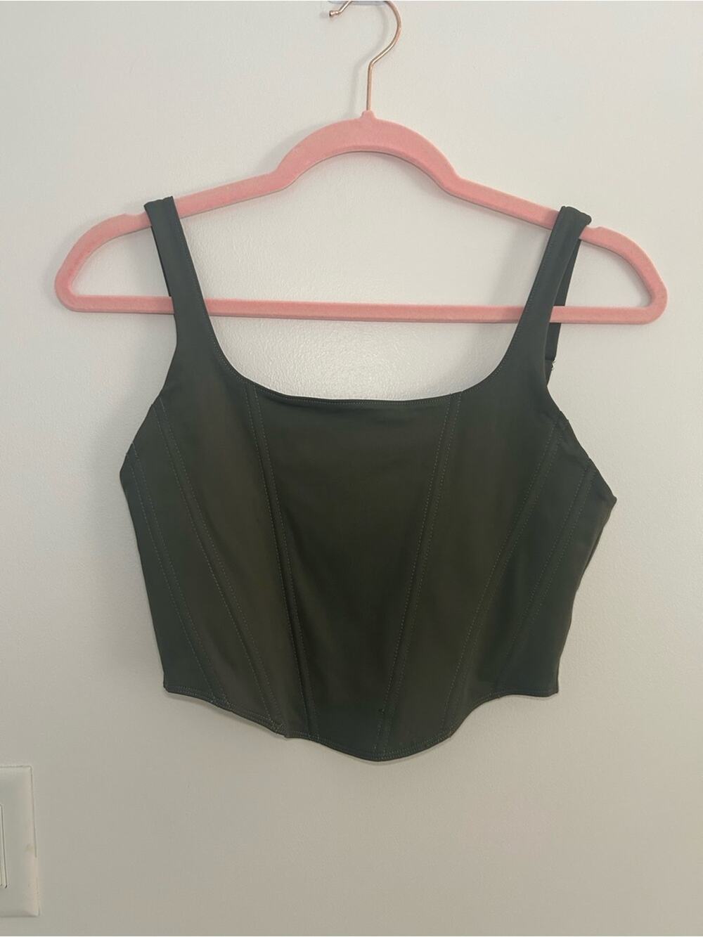 NWT ReoRia Women’s Medium Olive Green Corset Crop Top Square Neck Tank Zip Back